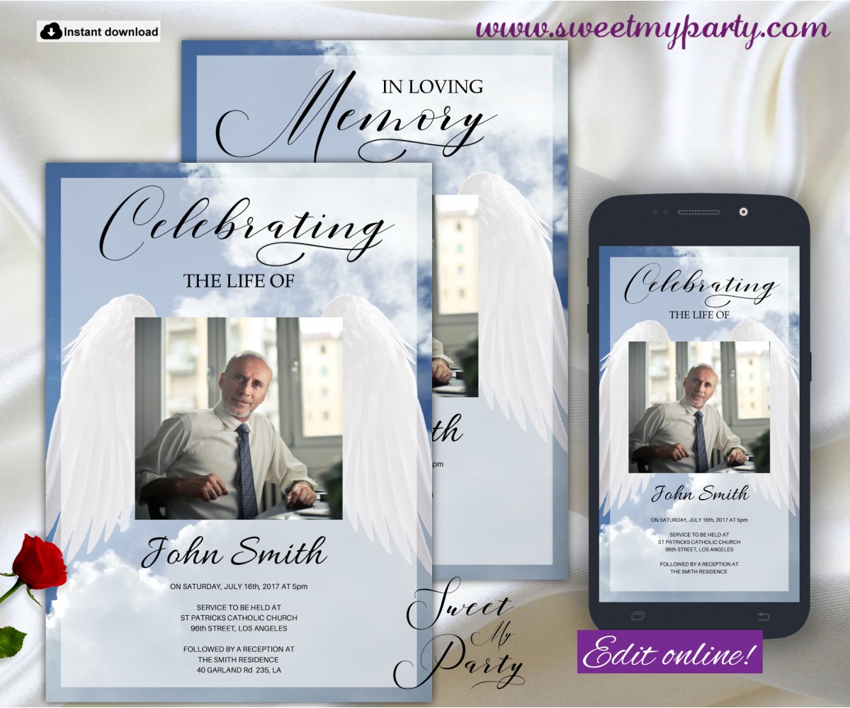 Angel Wings Funeral Invitation for Man,Bue Sky Memorial Service Invitation,(0wf)